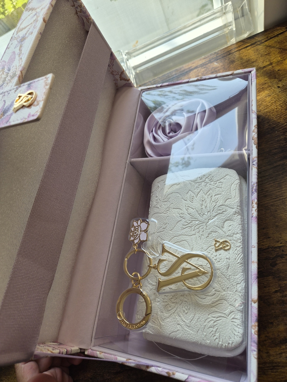 Women's Floral Embossed Leather Wallet with Gold Charm - Pink